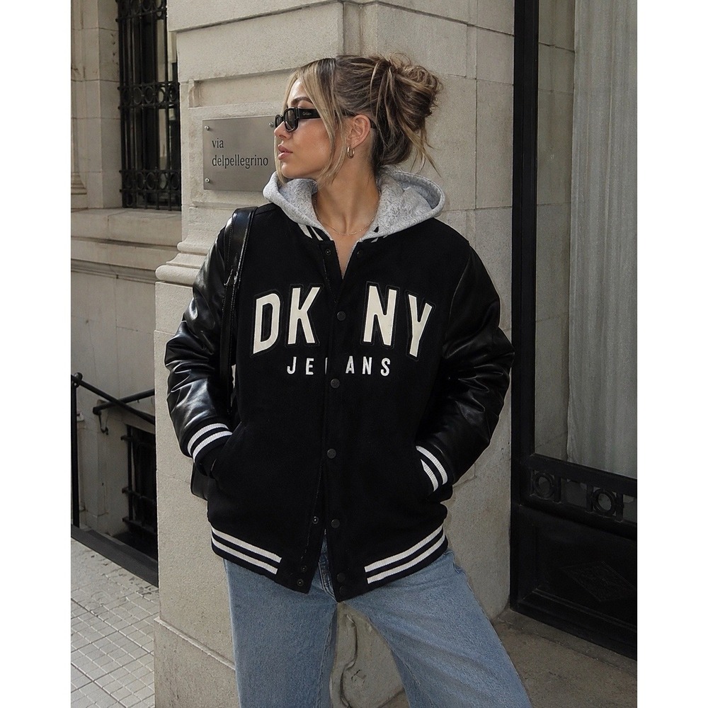 DKNY‎ Jeans Varsity Bomber Jacket Hooded Faux Leather Sleeve Black Coat 14/16